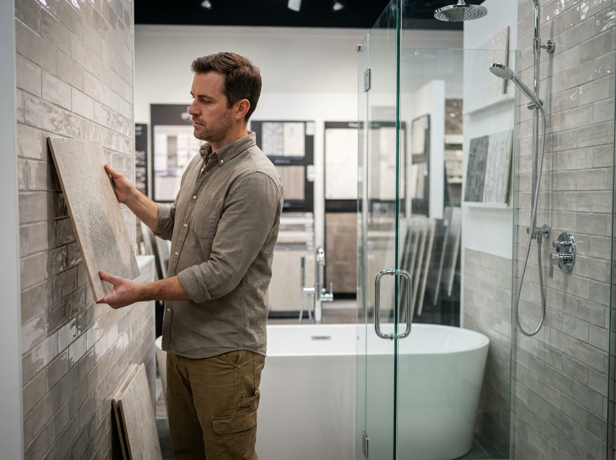 Client prenant une décision rapide dans une installation grandeur nature d'une salle de bain en showroom de carrelage