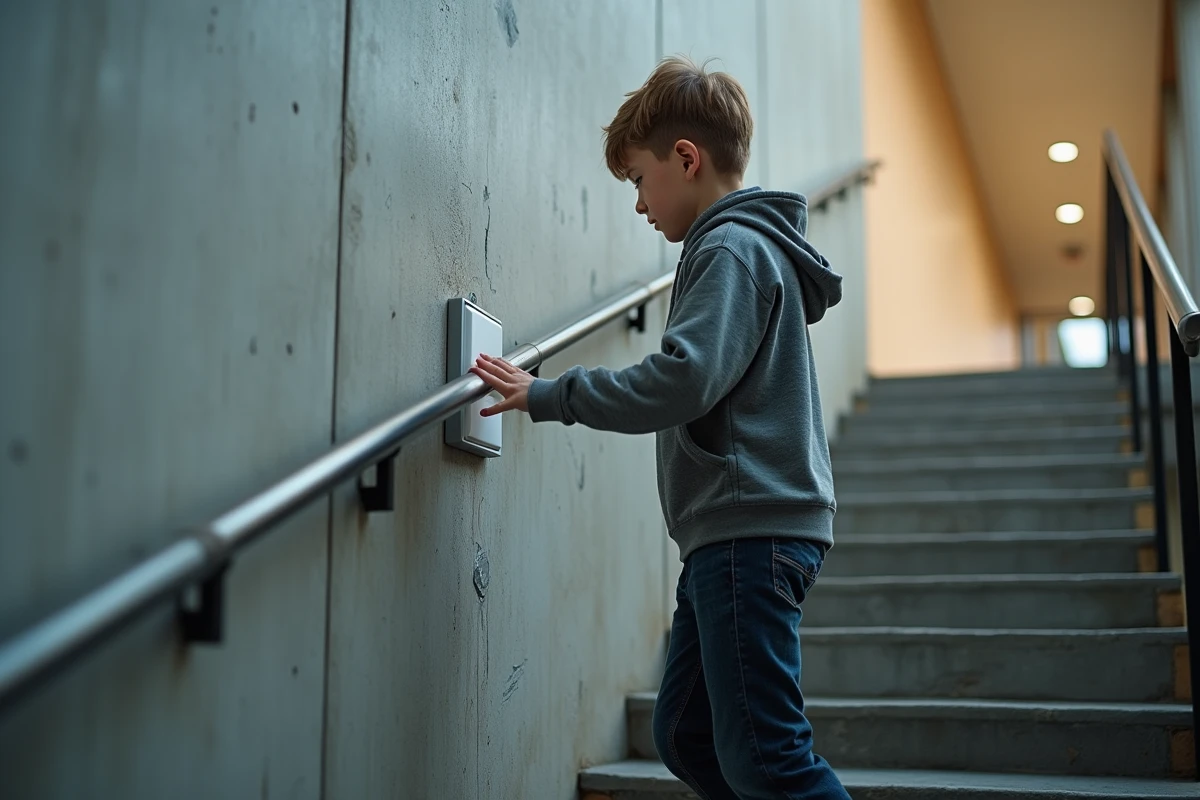 Adolescent prêt à appuyer sur un interrupteur blanc sur un mur en béton