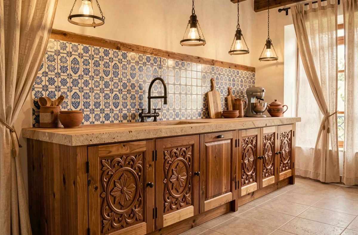 Cuisine méditerranéenne traditionnelle en bois sculpté avec carrelage peint à la main proposée par Afeco en Corse