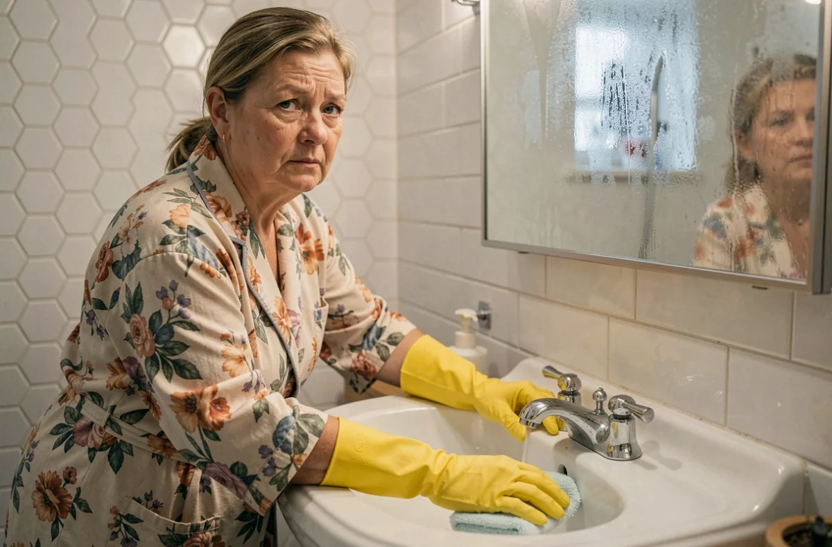 Aide ménagère âgée récurant un lavabo dans une salle de bain pendant le confinement d'octobre