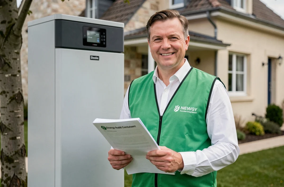 Consultant en énergie renouvelable d'AIVIA ENERGY présentant une pompe à chaleur devant une maison rénovée en Essonne