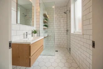 Petite salle de bain moderne optimisée avec meuble vasque suspendu en bois clair, douche à l'italienne en angle et niches de rangement encastrées dans le carrelage blanc