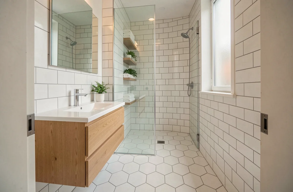 Petite salle de bain moderne optimisée avec meuble vasque suspendu en bois clair, douche à l'italienne en angle et niches de rangement encastrées dans le carrelage blanc