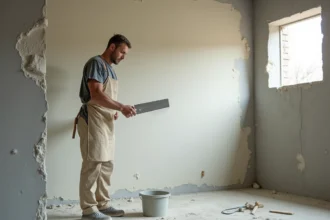 Artisan appliquant de l'enduit map au platoir sur un mur en béton brut dans une pièce en rénovation