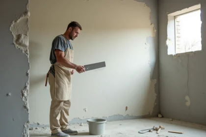 Artisan appliquant de l'enduit map au platoir sur un mur en béton brut dans une pièce en rénovation