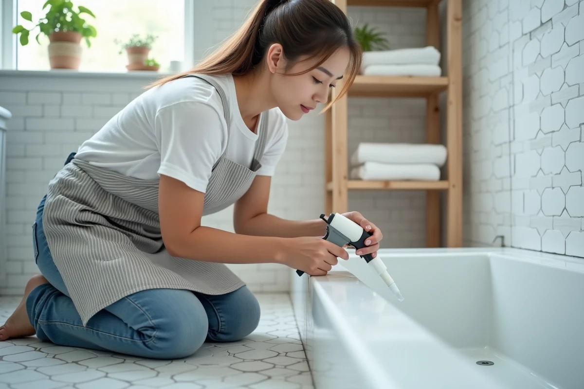 Femme appliquant du silicone autour d'une baignoire avec un pistolet à mastic, réparation facile pour étanchéifier la salle de bain
