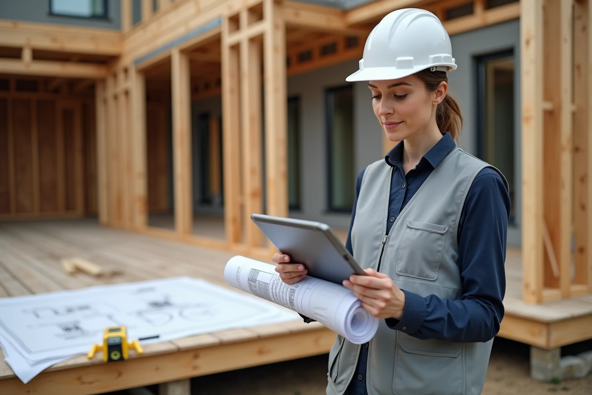 Architecte féminine consultant des plans de calcul de pente en degrés sur tablette lors de la construction d'une terrasse en bois