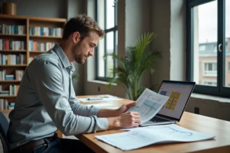 Architecte consultant une calculette de résistance thermique Homatherm fibre de bois sur ordinateur portable dans un bureau moderne