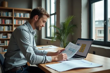 Architecte consultant une calculette de résistance thermique Homatherm fibre de bois sur ordinateur portable dans un bureau moderne