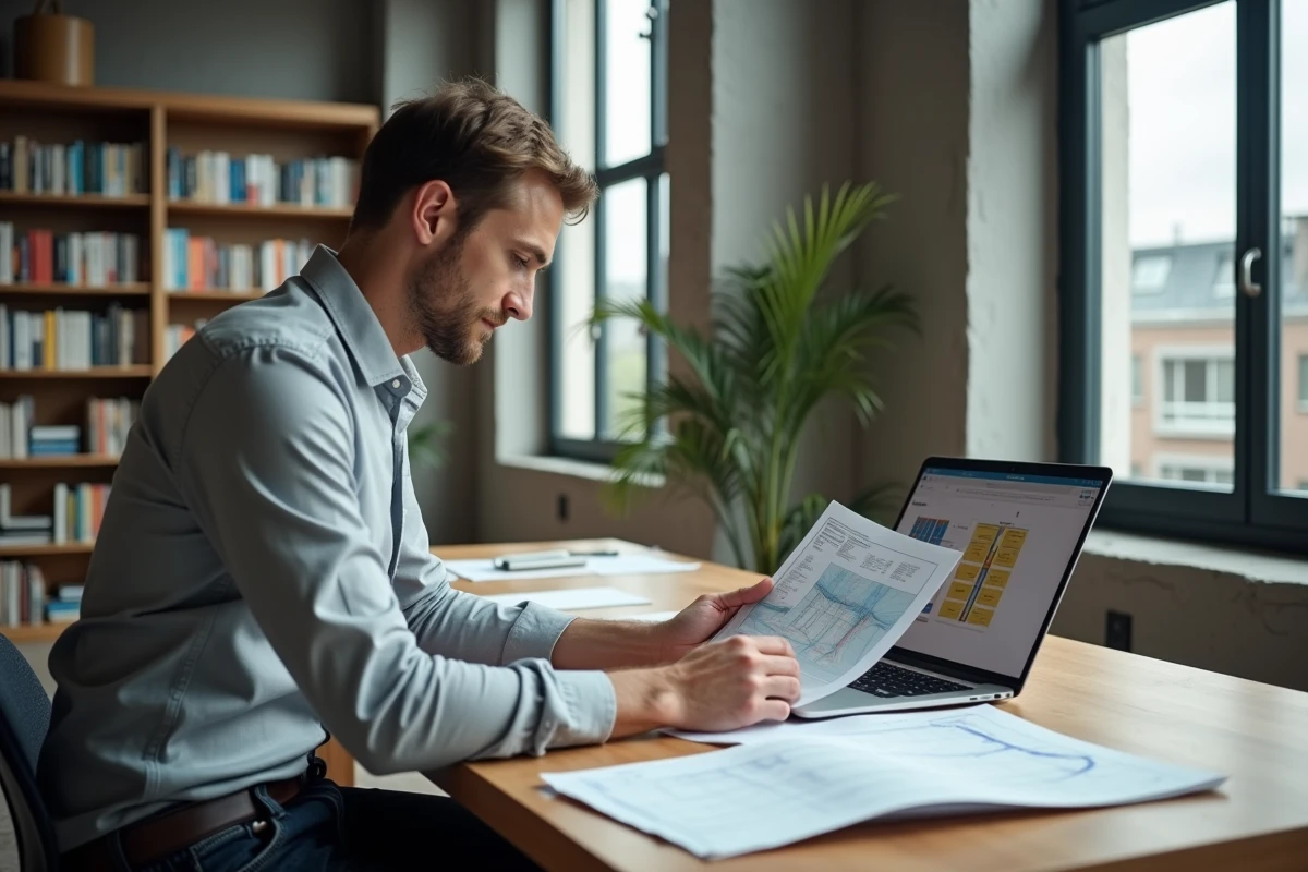 Architecte consultant une calculette de résistance thermique Homatherm fibre de bois sur ordinateur portable dans un bureau moderne