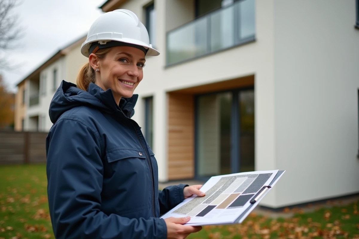 Architecte féminine consultant des échantillons de finition de ravalement devant une façade rénovée en enduit minéral blanc, contexte automnal