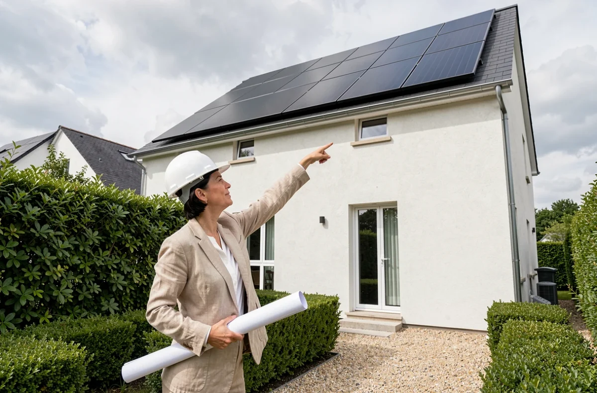 Architecte en jardin résidentiel indiquant la distance de recul entre des panneaux photovoltaïques et le bord du toit d'une maison moderne