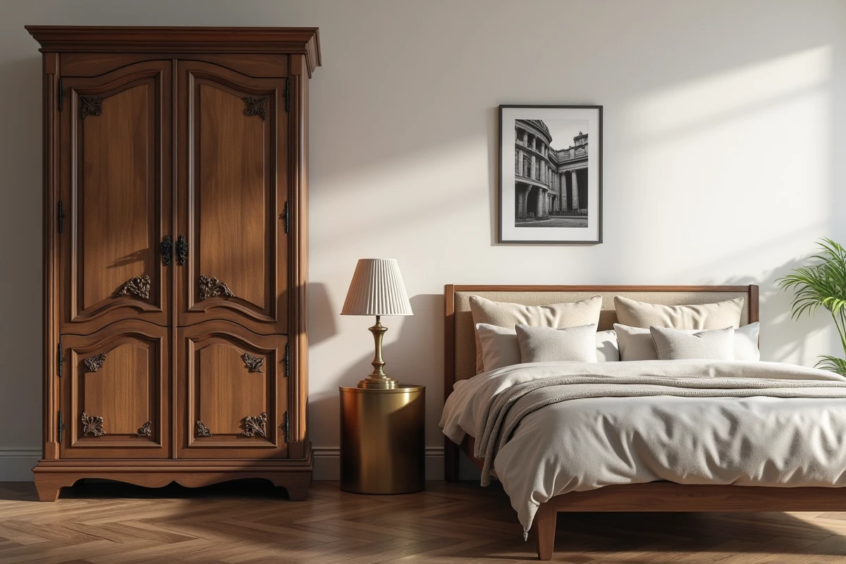 Armoire ancienne sculptée en bois intégrée dans une chambre moderne minimaliste avec tête de lit en lin et table de chevet contemporaine