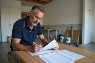 Artisan belge en polo marine examinant un devis de rénovation imprimé à une table en bois dans une maison en travaux