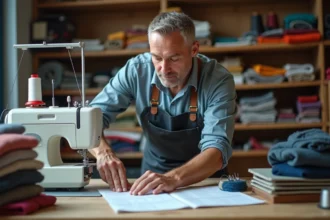 Artisan middleaged examinant une machine textile moderne