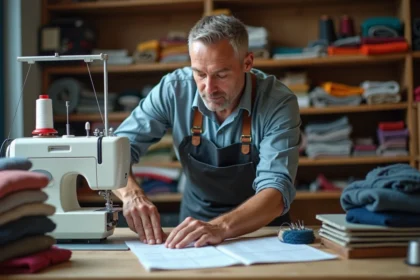 Artisan middleaged examinant une machine textile moderne