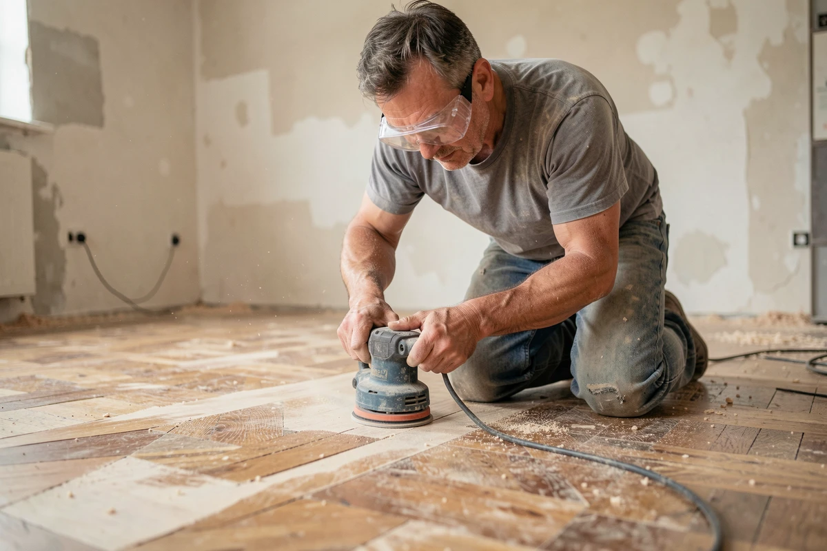 Artisan sablant un parquet en bois dans un appartement en rénovation, comparaison prix sablage au m2