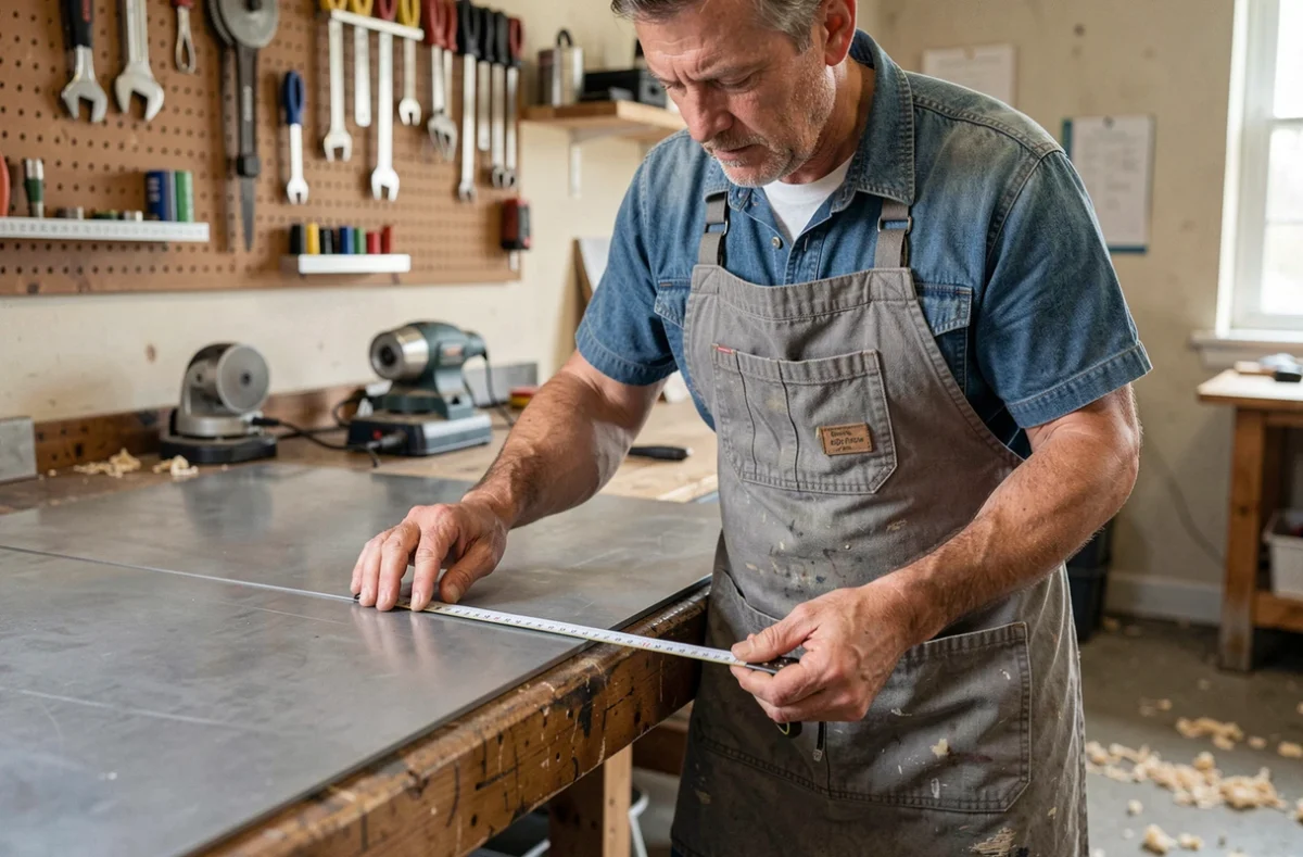 Artisan mesurant une tôle acier 2mm pour la fabrication d'un portail ou d'une pergola dans son atelier