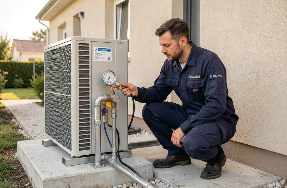 Technicien d'Aspect 91 vérifiant le circuit frigorifique d'une pompe à chaleur sur un pavillon neuf en Essonne