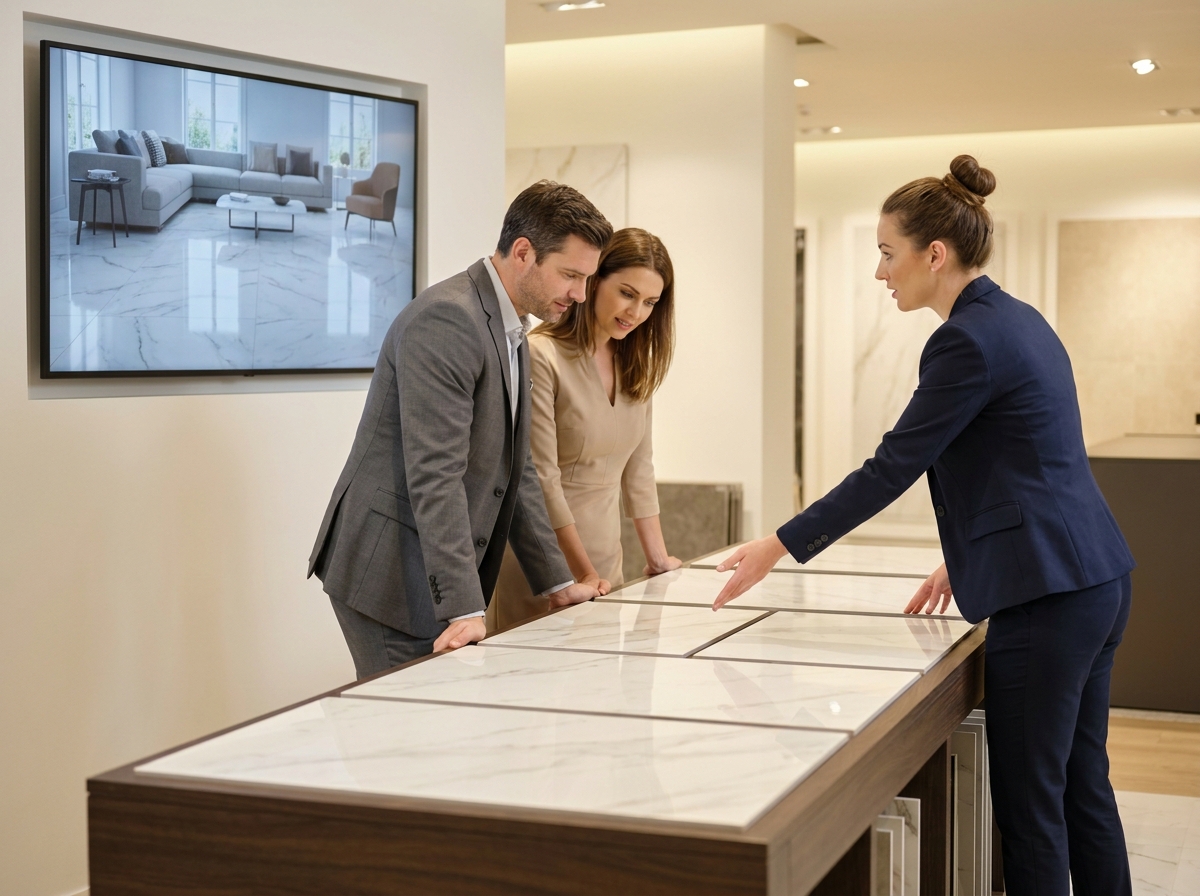 Conseillère présentant des carreaux premium à des clients pour augmenter la valeur du panier d'achat en showroom