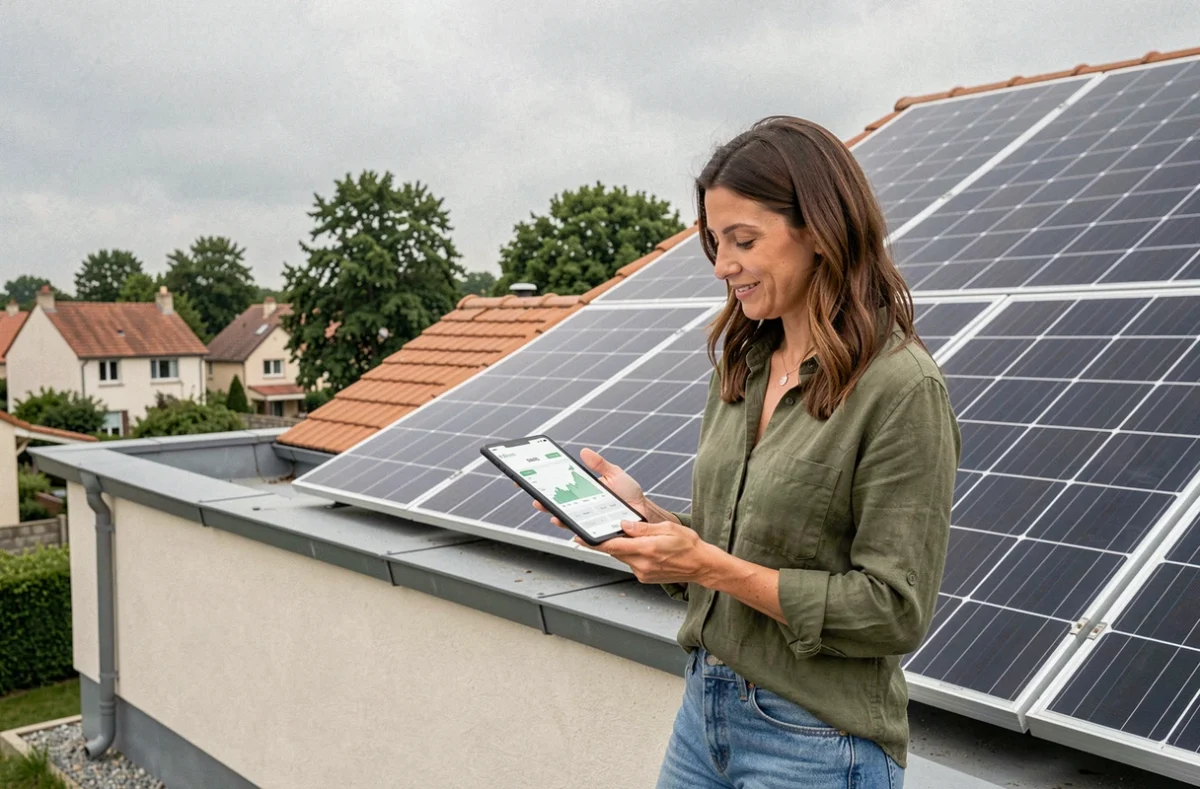 Femme consultant un tableau de bord d'autoconsommation solaire sur tablette devant des panneaux photovoltaïques