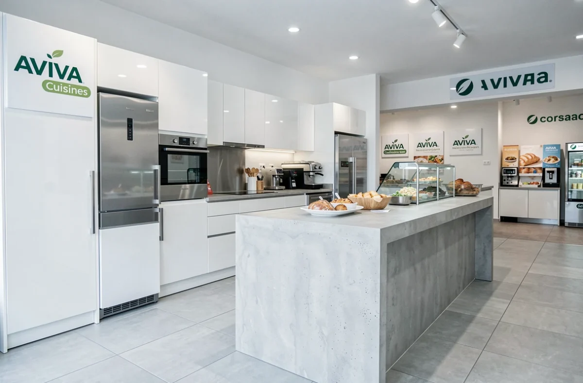 Cuisine blanche et gris béton avec électroménager intégré présentée chez Aviva Cuisines en Corse