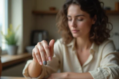 Femme examinant une bague en argent noirci laissant des traces sombres sur la peau