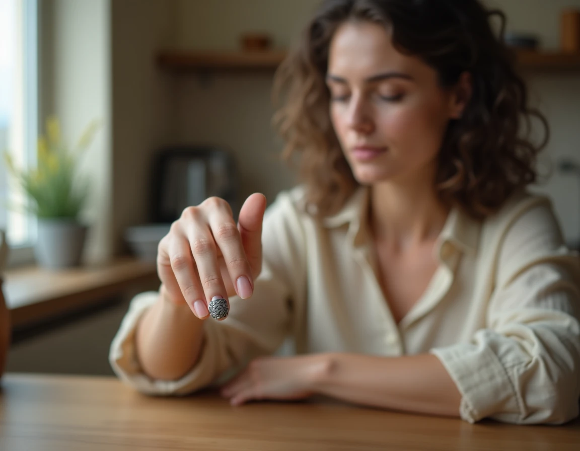 Femme examinant une bague en argent noirci laissant des traces sombres sur la peau