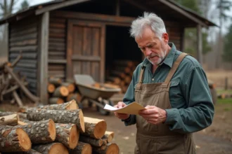 Homme d'âge moyen chargeant du bois devant une cabane en plein air