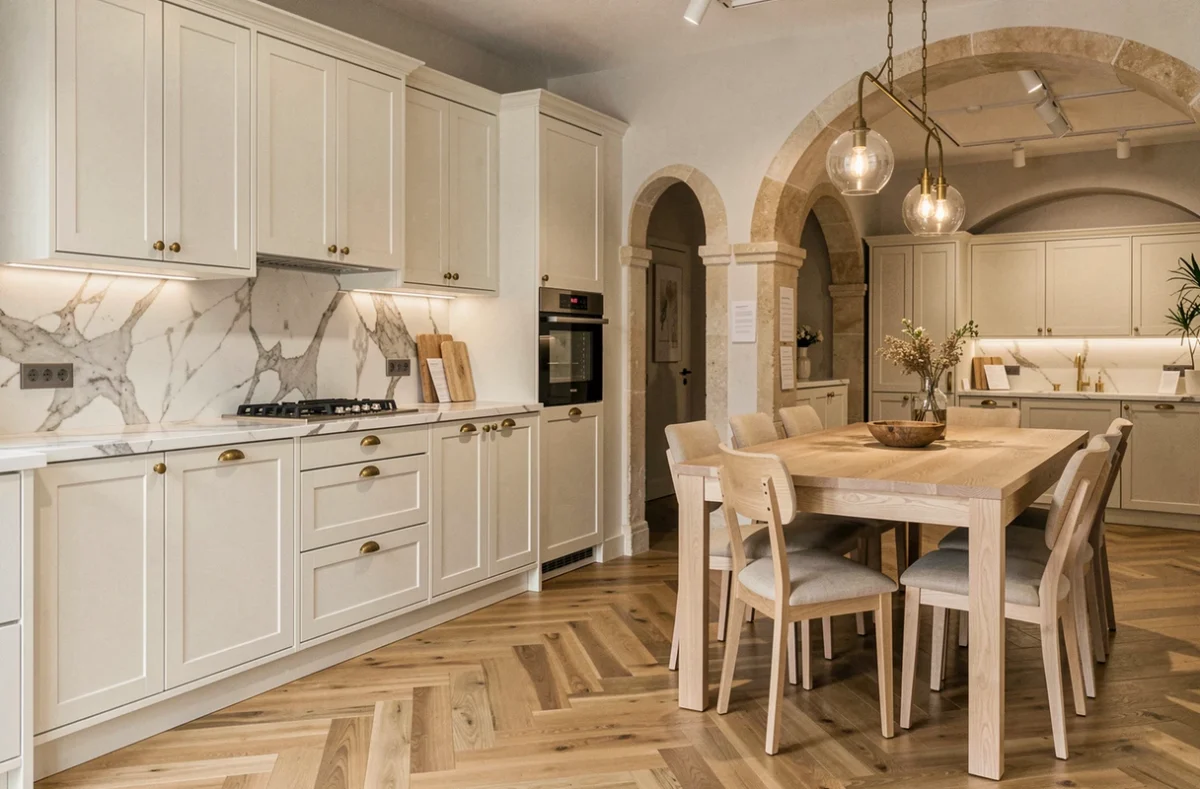 Showroom Bereni Mobilier en Corse avec cuisine linen-blanc et laiton brossé et coin repas assorti