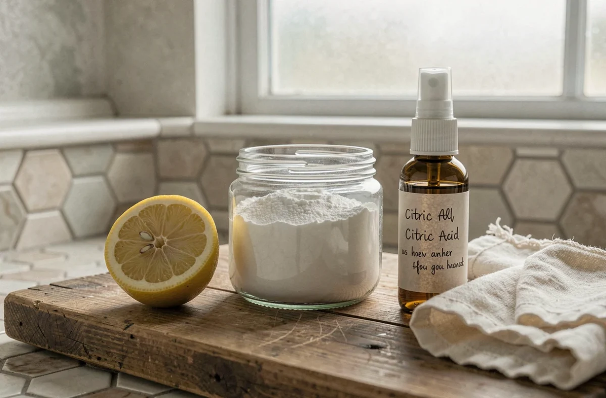 Bocal d'acide citrique, citron et flacon spray pour le nettoyage naturel dans une salle de bain