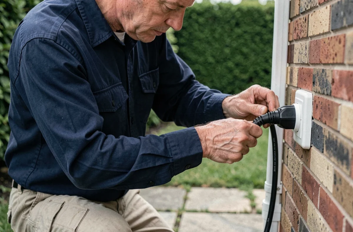 Technicien branchant un micro-onduleur de panneau solaire sur une prise électrique murale extérieure