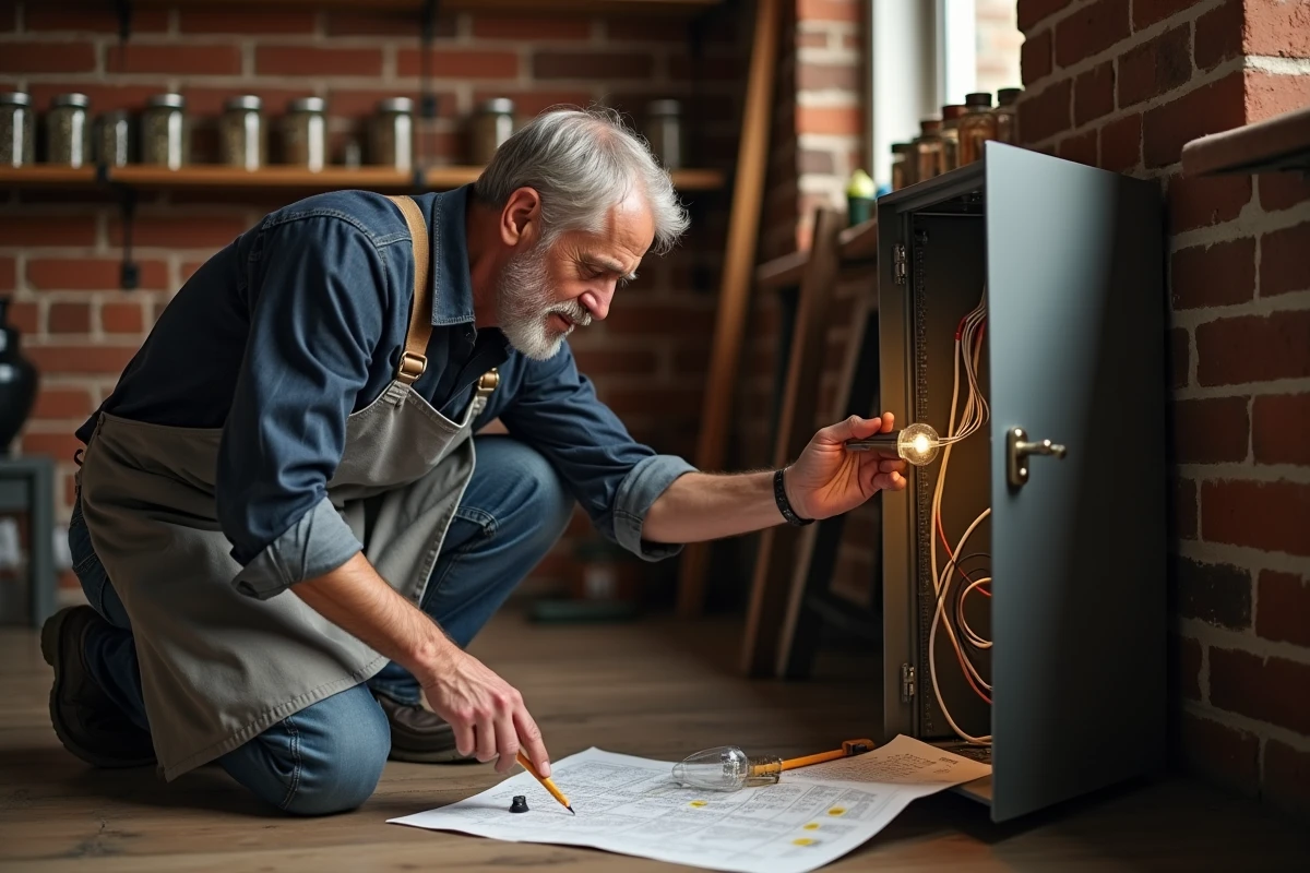 Homme bricoleur consultant un tableau de correspondance des tailles d'ampoules pour rénover un luminaire ancien