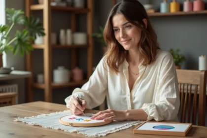Femme brodant un prénom sur un tambour à broder en tissu blanc, kit de broderie personnalisé sur table en bois