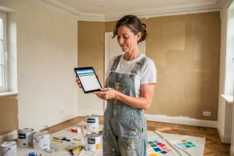Femme tenant une tablette affichant un calculateur de budget peinture dans un salon en cours de rénovation avec pots de peinture et échantillons de couleurs