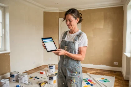 Femme tenant une tablette affichant un calculateur de budget peinture dans un salon en cours de rénovation avec pots de peinture et échantillons de couleurs