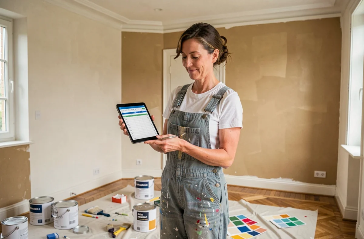 Femme tenant une tablette affichant un calculateur de budget peinture dans un salon en cours de rénovation avec pots de peinture et échantillons de couleurs