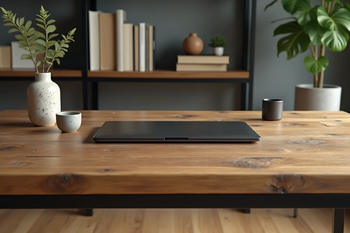 Bureau ancien en bois patiné associé à des accessoires de bureau modernes minimalistes dans un intérieur contemporain