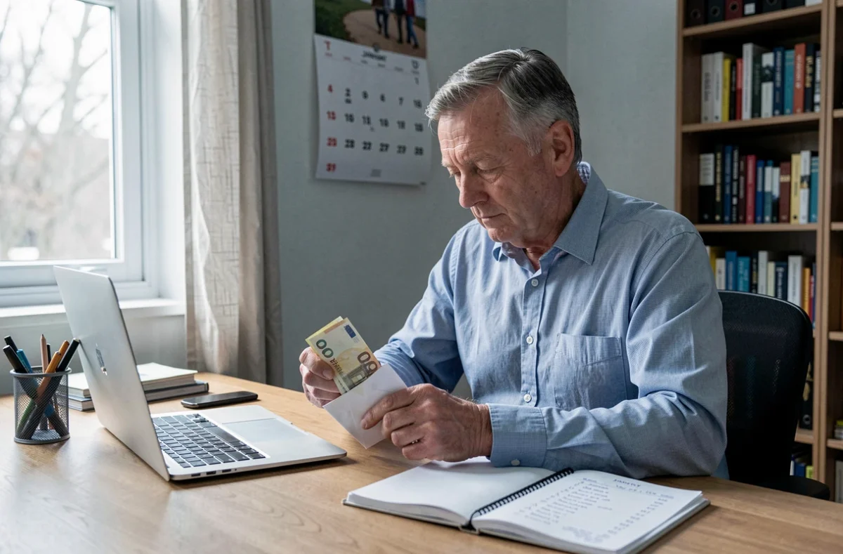 Homme comptant des billets pour préparer les étrennes de son aide ménagère dans un bureau à domicile