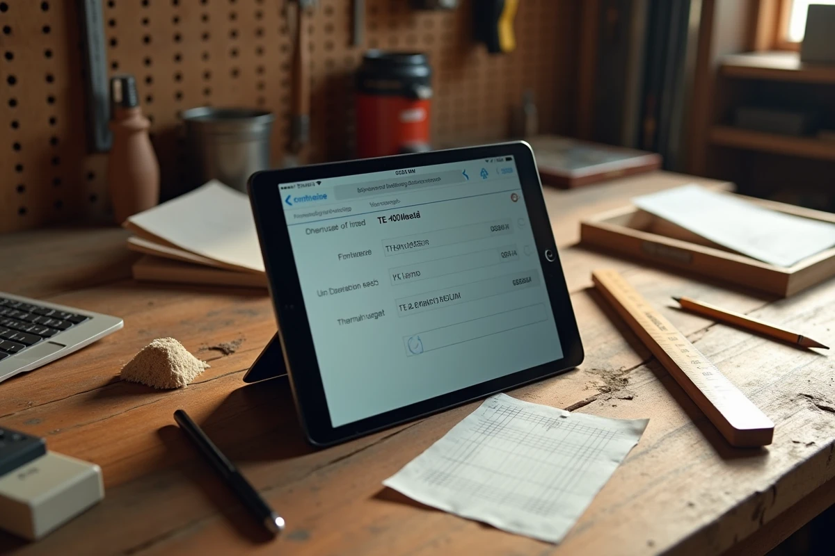 Tablette affichant une calculette de résistance thermique fibre de bois Homatherm posée sur un établi d'atelier avec échantillon isolant et notes de calcul
