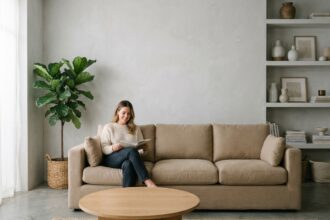 Canapé droit trois places en lin beige dans un salon scandinave moderne avec femme lisant un livre