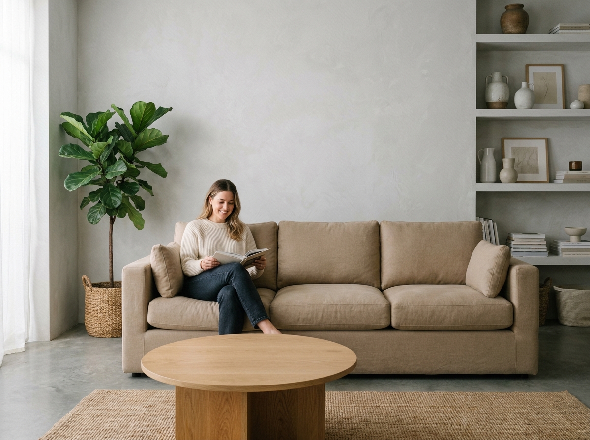 Canapé droit trois places en lin beige dans un salon scandinave moderne avec femme lisant un livre