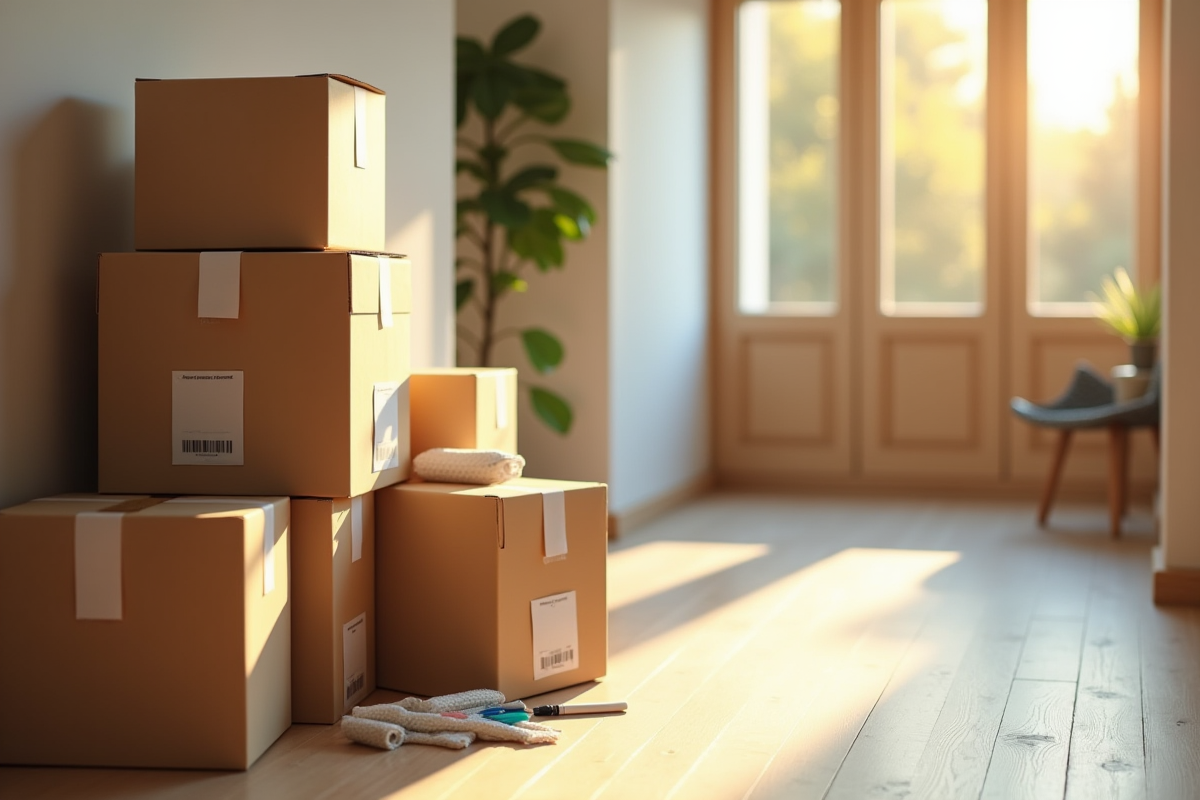Cartons bien emballes et etiquetes dans un couloir ensoleille