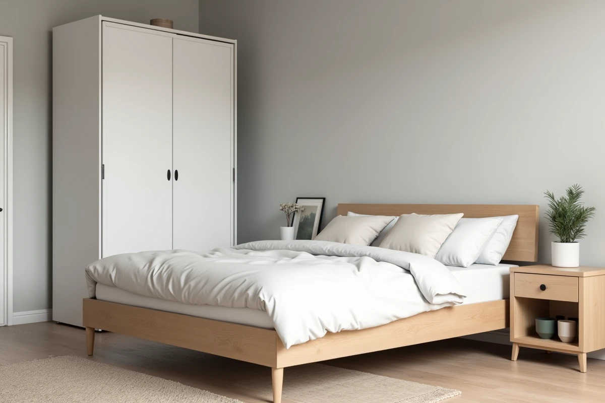 Chambre de petit appartement entièrement meublée à petit prix avec des meubles BUT, lit en bois clair et armoire blanche