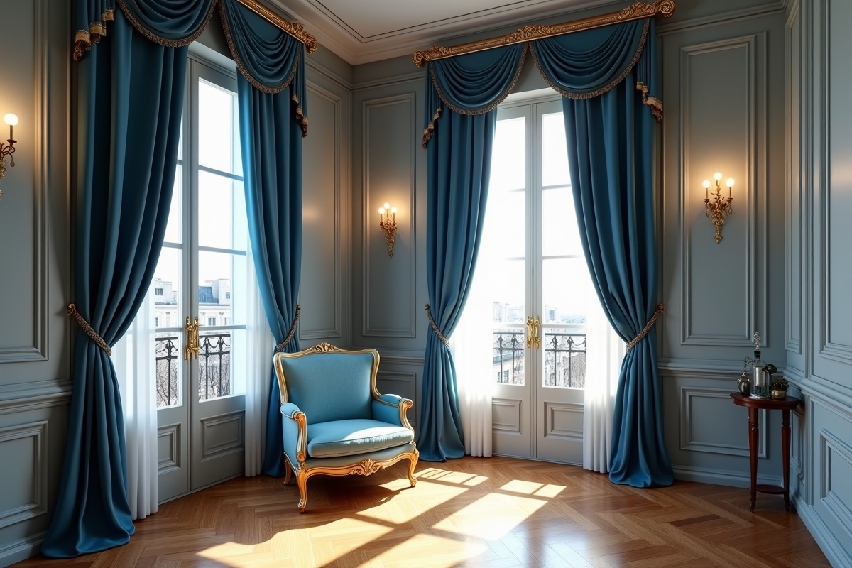 Chambre parisienne avec rideaux bleus et mobilier doré