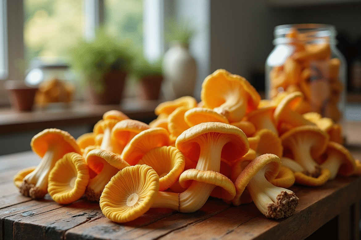 Table rustique avec des chanterelles jaunes fraîches et bocaux en conserve