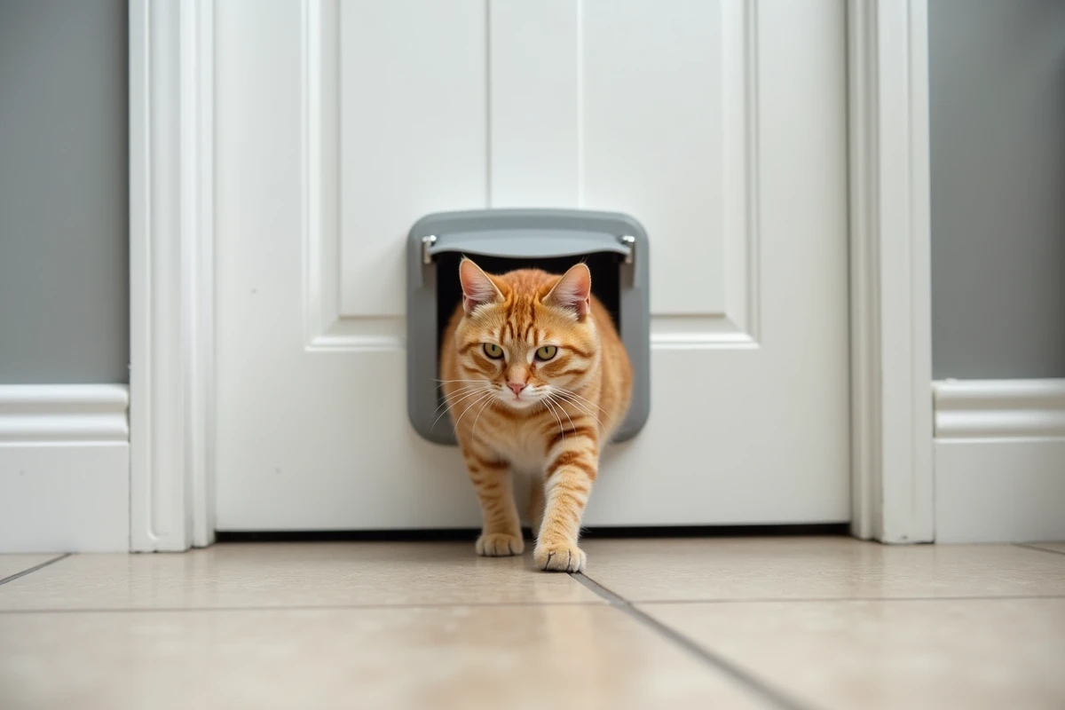 Chatière moderne installée dans une porte PVC blanche avec un chat tigré en train de passer