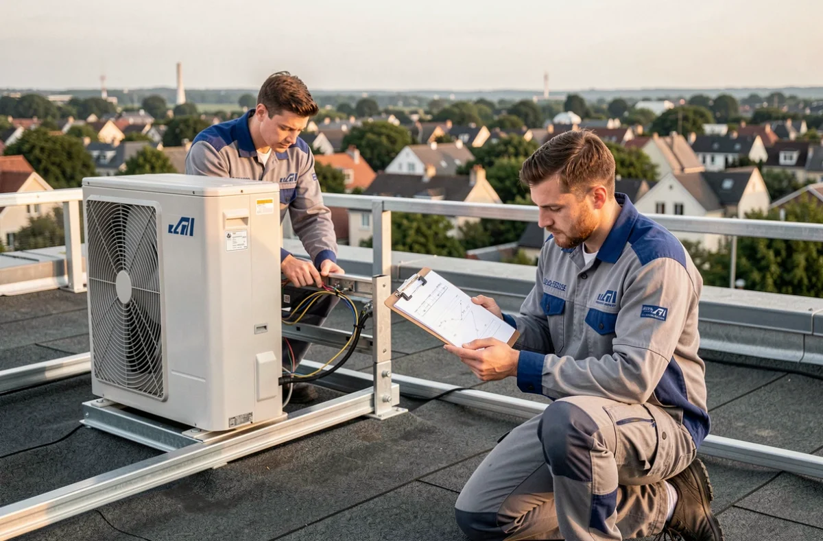 Deux techniciens de Clim IDF installant une unité de climatisation sur une terrasse en Île-de-France