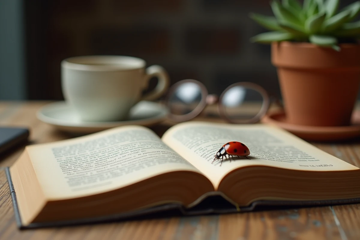 Coccinelle rouge marchant sur un livre ouvert posé sur un bureau en bois rustique, symbole de chance et de bonne augure