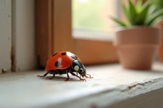Coccinelle rouge à sept points posée sur un rebord de fenêtre blanc à l'intérieur d'une maison, vue macro détaillée